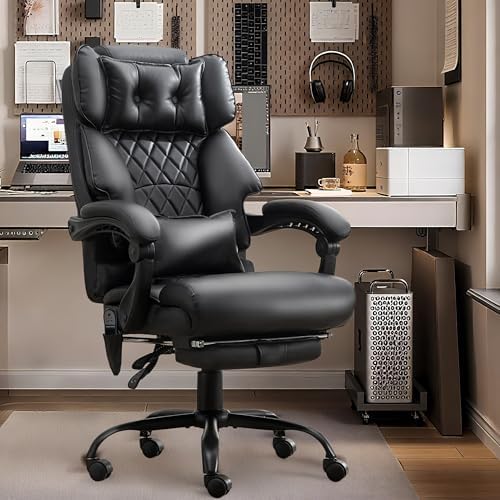 3D Kneading Massage Office Chair with Foot Rest,Executive Office Chairs,Ergonomic Desk Chair for Heavy People,Big and Tall Office Chair 500LBS,Recliner with Dual-Use Pillow,Home & Office,Blackpu