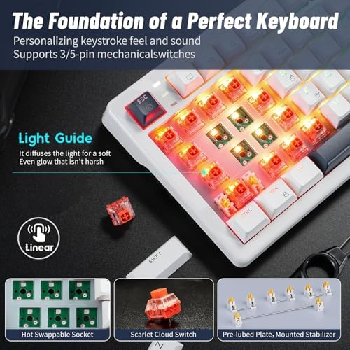 Hexgears 75% Wireless Mechanical Keyboard with Knob, Hot Swappable Creamy Keyboard with Wrist Rest, Pre-lubed Linear Switches, 2.4GHz/Type-C/BT5.0, RGB Backlit Gaming Keyboards for Win/Mac (White)