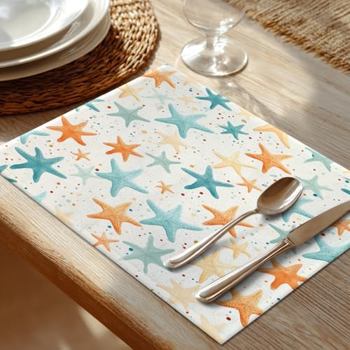 Shrahala Starfish Pattern Set of 8 12 X 18 Inch Linen Placemats, Sea Themed Illustration Burlap Table Mat Washable Double Layered Heat Insulation for Indoor/Outdoor