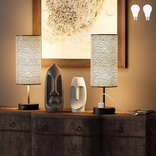 Table Lamp for Bedroom with Touch Control,Bedside Lamp with USB C+A Charging Ports& AC Outlets, Adjustable 3color LED Light for Home Decor/Nightstand/Bedroom/Office,Included Bulb and Fabric Lamp Shade