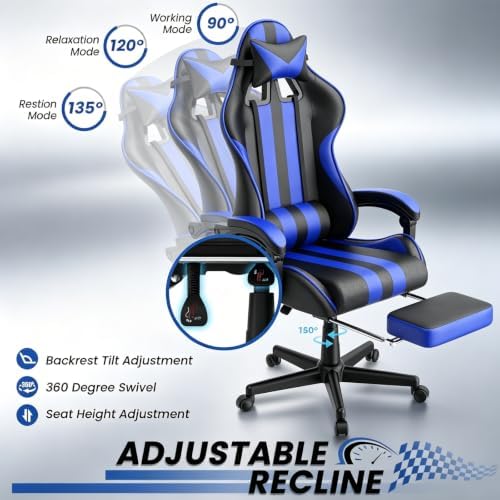 Ferghana Navy Gaming Chair, Ergonomic Racing Style Computer Chair with Footrest, Adjustable Reclining, Lumbar and Head Support, PU Leather Gamer Chair