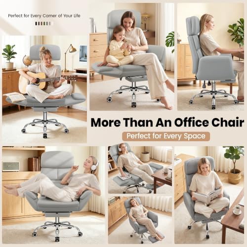 Big and Tall Leather Office Chair, Cross Legged Flip Arms, Gray