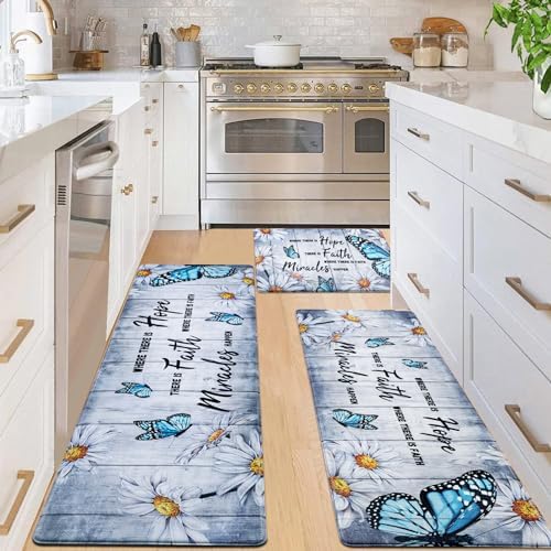 Likiyol Butterfly Floral Kitchen Mats for Floor Farmhouse Anti Fatigue Mats for Kitchen Floor, White Daisy Kitchen Rugs Non Slip Washable Floor Comfort Mats, 18'' x 30'' + 18'' x 48'' + 18'' x 60''