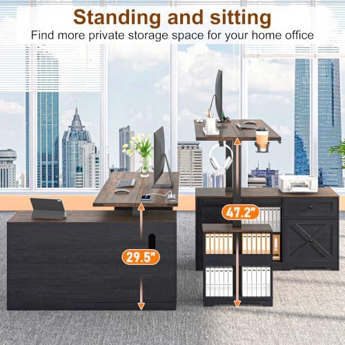 St.Mandyu L Shaped Electric Standing Desk 55" Black with Power & Storage