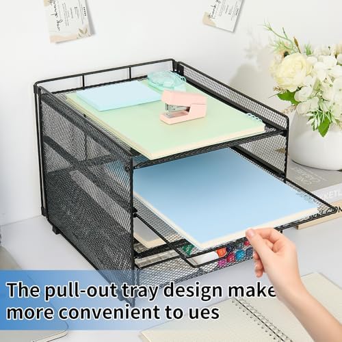 OPNICE Desk Organizer, 4-Tier Desktop File Organizer with Drawer, Office Desk Accessories, File Sorters, Workspace Organizers for Office Supplies(Black Upgraded)