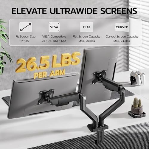 ARES WING Dual Monitor Mount with USB for 2 Monitors for 17-35 inch, Black