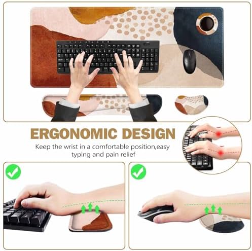 ToLuLu Extended Gaming Mouse Pad, Memory Foam Ergonomic Keyboard Mouse Wrist Rest Support Set, Large Desk Mat with Stitched Edges, Non-Slip Base Mousepad for Home Office and Game, Brown Boho Art