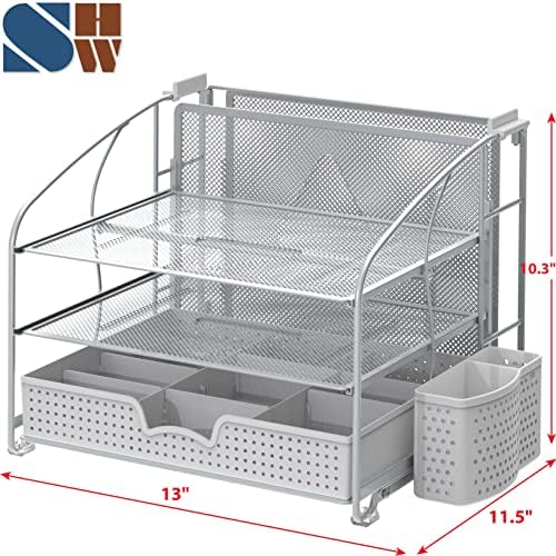 Simple Houseware 3-Tier Desk Organizer with Sliding Drawer, Silver