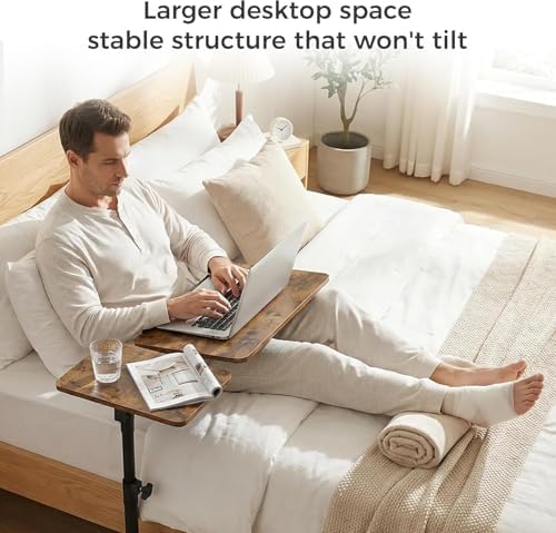 Aothia Small Standing Desk Rolling Table Adjustable Height, Laptop Mobile Stand with Wheels, Overbed Table, Portable Computer Workstation with Tiltable Desktop for Teacher Classroom Home Office, Brown