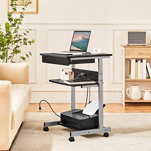Yaheetech Small Rolling Computer Desk with Power Outlet, Laptop Cart, Black