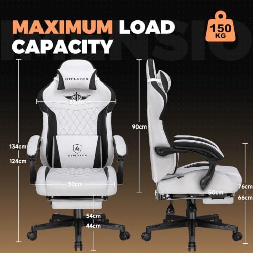 GTPLAYER Gaming Chair with Footrest, Ergonomic Office Chair 400lbs Heavy Duty, Big and Tall Computer Desk Chair with Lumbar Support and Headrest, Breathable Tech Fabric, 90-155° Recline Grey