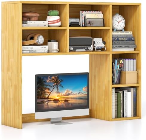 Giantex Desktop Bookshelf, Desk Hutch Dorm w/ 7 Cubes & 3 Adjustable Shelves, Desk Shelf for Up to 27" Computer Monitors, Wooden Desktop Storage Organizer for Dorm College Office Home (Burlywood)