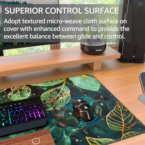 KTRIO Large Gaming Mouse Pad, Desk Mat, 31.5 x 15.7 in, Green Leaves, XXL
