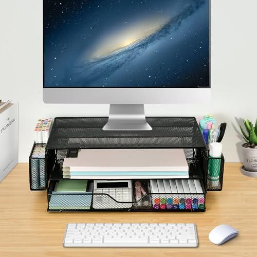 AUPSEN 2 Tier Computer Monitor Stands with Drawer and 2 Pencil Holder, Metal Monitor Stand Monitor riser, Computer Desk Organizer and Accessories for Laptop, Computer, Printer, Office Supplies(Black)
