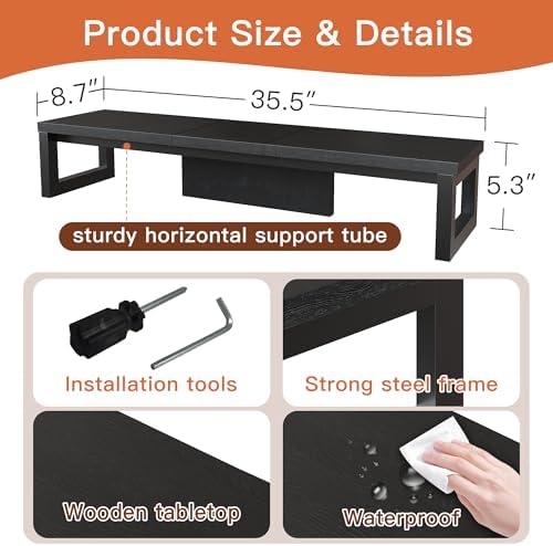 Dual Monitor Stand Riser, Wood and Steel Monitor Stand for Desk, Multi-Purpose Desk Shelf Organizer for Computer, Laptop, Printer, TV, Black