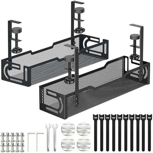 2Pack Under Desk Cable Management Tray, No Drill Mesh Desk Cable Tray