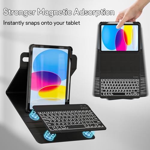 YBING for iPad A16 Case with Keyboard 11th &10th Generation, 360 Rotation Magnetic Cover with 7-Color Backlit Wireless Detachable Keypad with Pencil Holder for iPad 11th 2025/10 Gen 10.9" 2022 (Black)