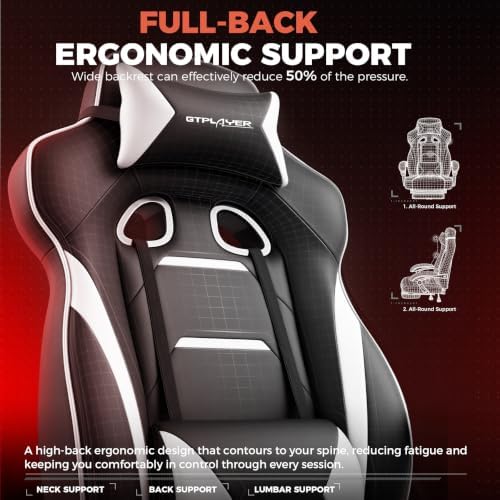 GTPLAYER Gaming Chair with Footrest, 350LBS Big and Tall Office Chair, Ergonomic High Back Lumbar Support and Recliner for Back Pain Relief, White