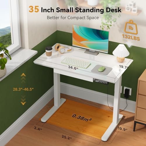 Gibbon Mounts 35” White Glass Standing Desk Height Adjustable with Drawer
