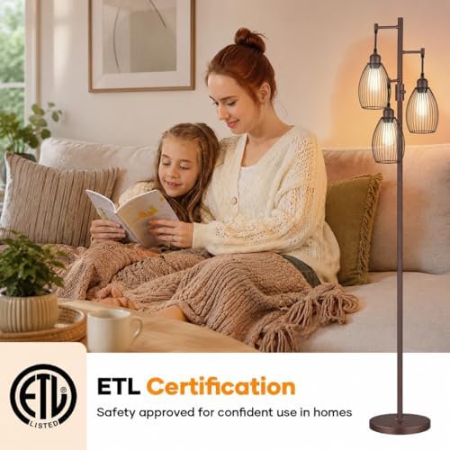 Nintiue Dimmable Floor Lamp,3x800LM LED Bulbs Included, Farmhouse Industrial Floor Lamp Standing Tree Lamp with Teardrop Cage Head Tall Lamp for Living Room Bedroom Office Dining Room - Matte Brown