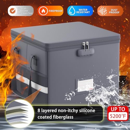 ENGPOW 5200°F File Box Fireproof Document Box with Lock,Heat Insulated Collapsible File Storage Organizer Box with Handle,Portable Home Office File Cabinet for Hanging Letter/Legal Size Folder, Gray