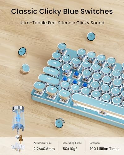 Wireless Typewriter Style Mechanical Keyboard with White Backlit, Blue