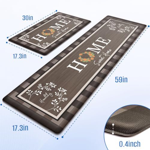 Kitchen Mats 2PCS, Anti Fatigue Rugs, 17.3x30+17.3x59in, Brown