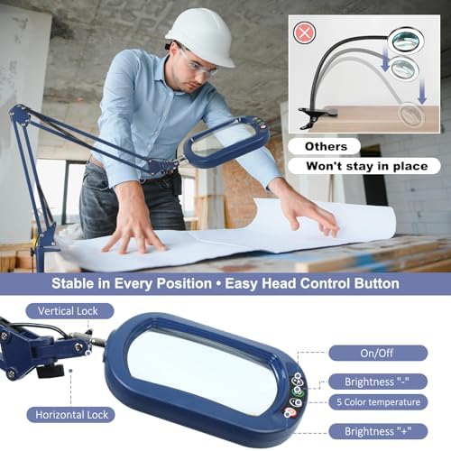 14.35" Large Magnifying Glass with Light and Clamp, Real Glass, 5 Color Modes, Stepless Dimmable, Lighted Magnifier with Stand Hands Free, LED Swing Arm Desk Lamp for Close Work, Craft, Blue