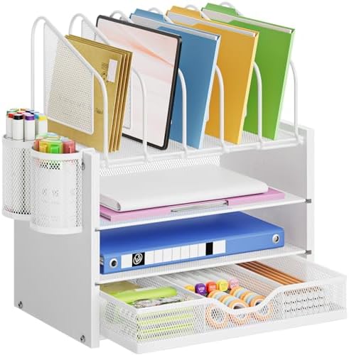 Marbrasse Desk Organizer with Drawer, 4-Tier Wooden File Organizer with 5 Vertical File Holders and 2 Pen Holders, Desk Organizers and Accessories for Home Office - White