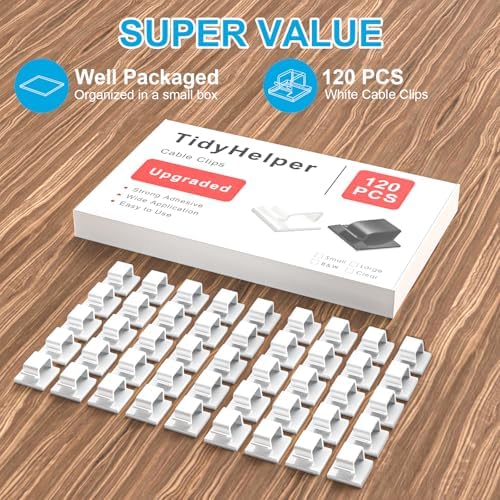 120 PCS Cable Clips White, Upgraded Adhesive Wire Clips for Wall, Strong Cord Clips Holders Wire Organizer for Cable Management, Christmas Lights, USB, Phone Charger, Cat 6, Car Dash Cam