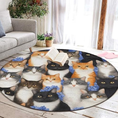 Fashion Round Area Rug Large Non Slip Carpet Unisex Home Decor Mat Floral Blue Flowers Kitten Cats