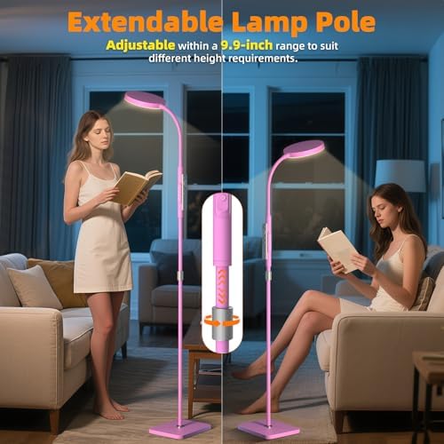 PACOVY Floor Lamp, Adjustable Height Floor Lamps for Living Room Bedroom, 120 LED Super Bright Standing Lamp Remote Control Dimmable Gooseneck Tall Stand Reading Lamp for Office Craft, Pink