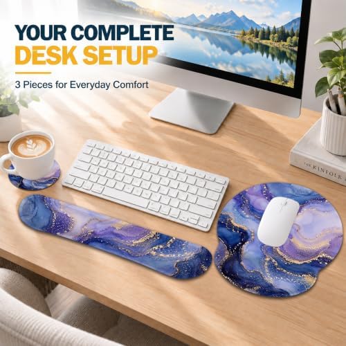 Blue Marble Keyboard Wrist Rest and Mouse Pad Set with Matching Coaster