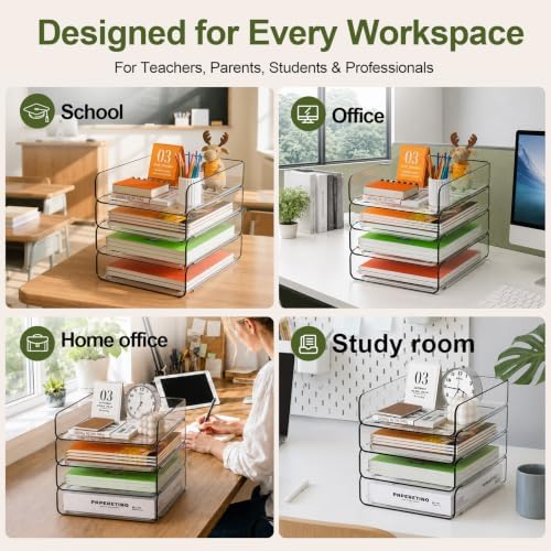 FANXIYQ 4-Tier Acrylic Paper Tray Organizer, Clear Stackable Desk File Organizer for Documents, Files, Letters, A4 Paper, Books, Notes, Mail & Paper Storage, Office Classroom Home