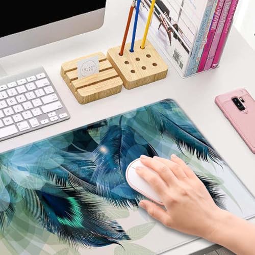 Large Gaming Mouse Pad with Stitched Edges, Desk Pad Extended Keyboard Mat, Non-Slip Rubber Base Mousepads for Laptop, Office, Home, 31.5X11.8 inch Watercolor Peacock Feather