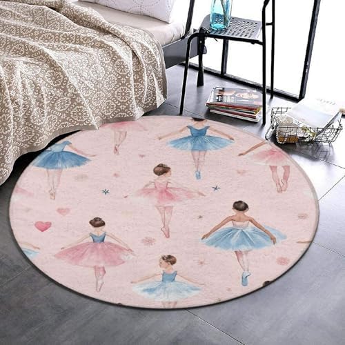 Soft Round Yoga Carpet, Large Home Decor Mat, Non Slip Machine Washable Kitchen Office Circle Rug Ballerina Girls Pink