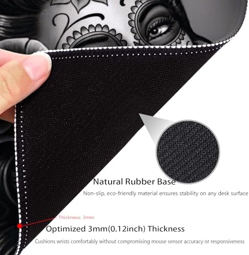 Monochrome Sugar Skull Portrait with Rose Mouse Pad, Durable Desk Mat