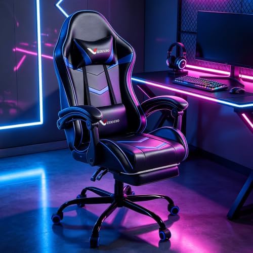 Gaming Chair for Adults with Pocket Spring Cushion Footrest Blue and Black