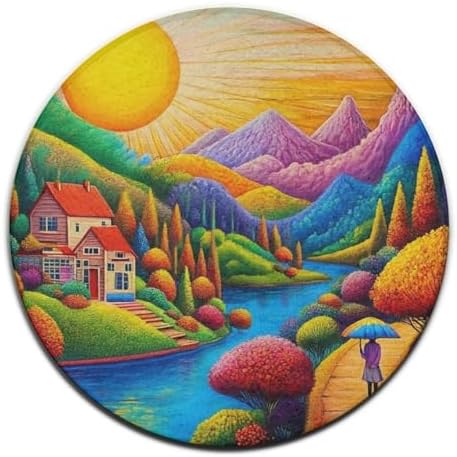 Highly Premium Quality Floor Mat, Office Chair Decor Mat, Room Sofa Yoga Soft Round Carpet Colorful Red Cottage Landscape Art, 24inch