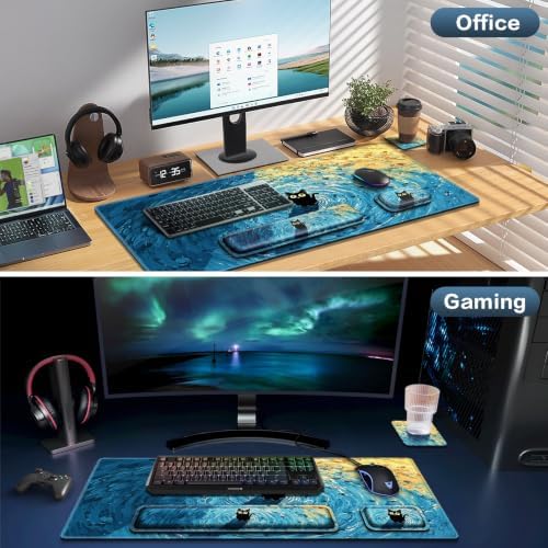 Desk Mat, Large Gaming Mouse Pad with Wrist Rest, 4in1 XXL Mousepad+Keyboard Wrist Rest+Mouse Pad Wrist Support+Cup Coaster Set Ergonomic Computer Desk Arm Wrist for Decor Home Office Women