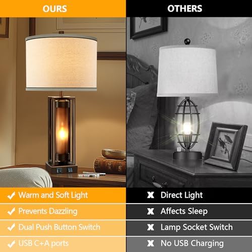 Farmhouse Table Lamps for Living Room Set of 2 with USB C+A Ports
