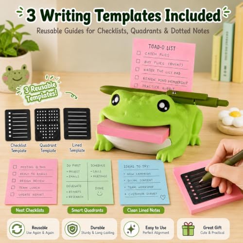 Note Toad Desk Organizer Sticky Note Holder – Frog Shaped Sticky Note Stencil and Holder with 3 Writing Guides, Creative Sticky Note Dispenser for Desk，Mint Hippo