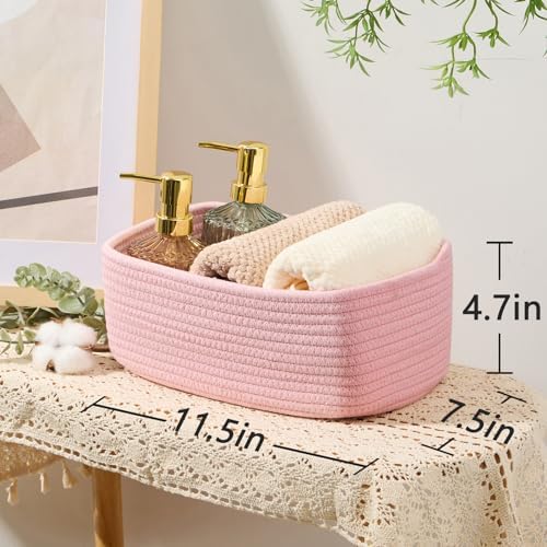 MiniArk Small Storage Baskets for Organizing | Closet Organizer Bins | Shelf Toy Basket | Woven Rope Baskets | Cube Decorative Box | Shallow Basket | 11.5x7.5x4.7” | 3 Packs Light Pink
