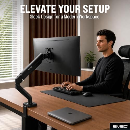 EVEO Premium Single Monitor Arm 14"–34", Adjustable Gas Spring Monitor Mount, Single Arm Desk Mount for 34 Inch Computer Screens, VESA Compatible Stand with Clamp and Grommet Base – Black