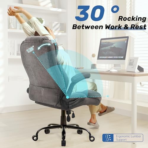 550LBS Big and Tall Office Chair, Comfy Heavy Duty Executive Chair with Adjustable Lumbar Support Double Spaces Casters, Fabric Extra Wide Seat Ergonomic Computer Desk Chair for Back Pain,Greycloth