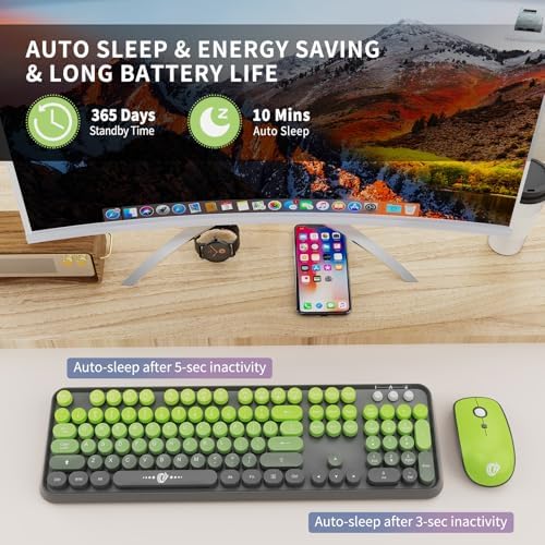 Lime Green Wireless Keyboard and Mouse Combo,Cute Round Keys,for PC Laptop