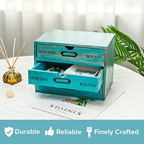 Turquoise 3-Tier Drawer Unit - European Country Style Desk Organizer Box - 9.7x7x7.5" Wooden Teal Stackable Drawers - Countertop Organizer Drawers w/Label Holder - Triple File Drawer Unit