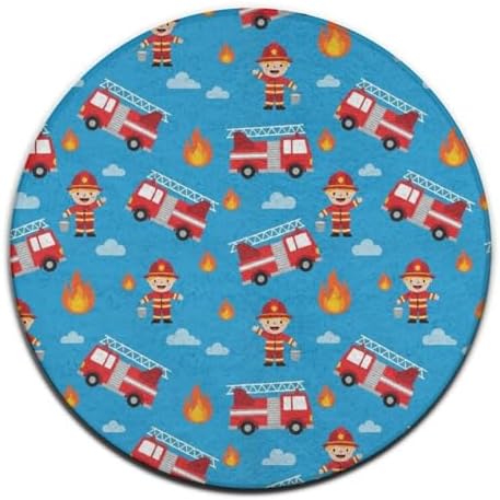 Soft Round Yoga Carpet, Office Chair Decor Round Mat for Carpet and Hardwood Floors Red Fire Truck Cartoon, 36inch