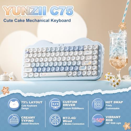 YUNZII C75 Cute 75% Wireless Mechanical Keyboard (Blue, Milk V2 Switch)