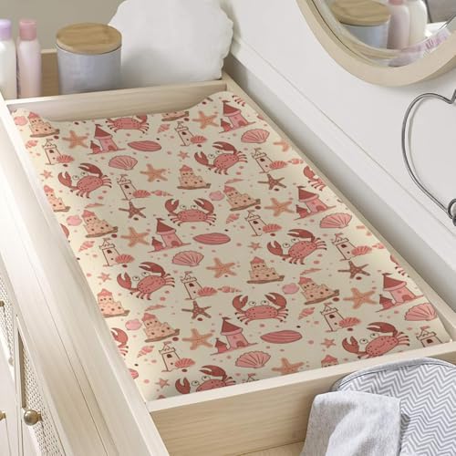 Cartoon Beach Theme Crabs Starfish Sandcastle Pattern Baby Changing Pad Cover, Unisex Ocean Sea Animals Nursery Diaper Changing Table Pad Mat Sheet for Boys Girls-16x32